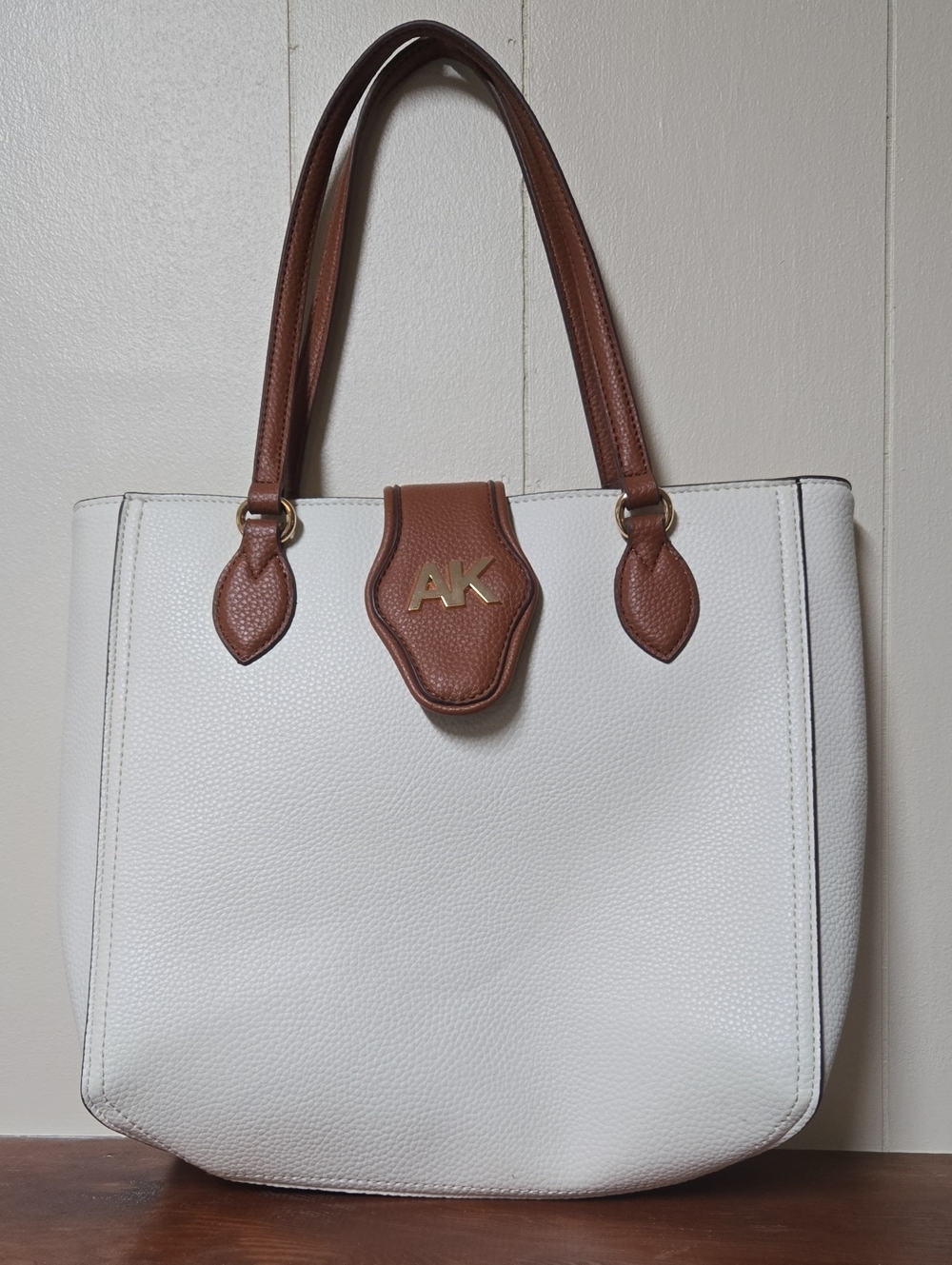 AK White Pebbled Leather Tote with Brown Trim